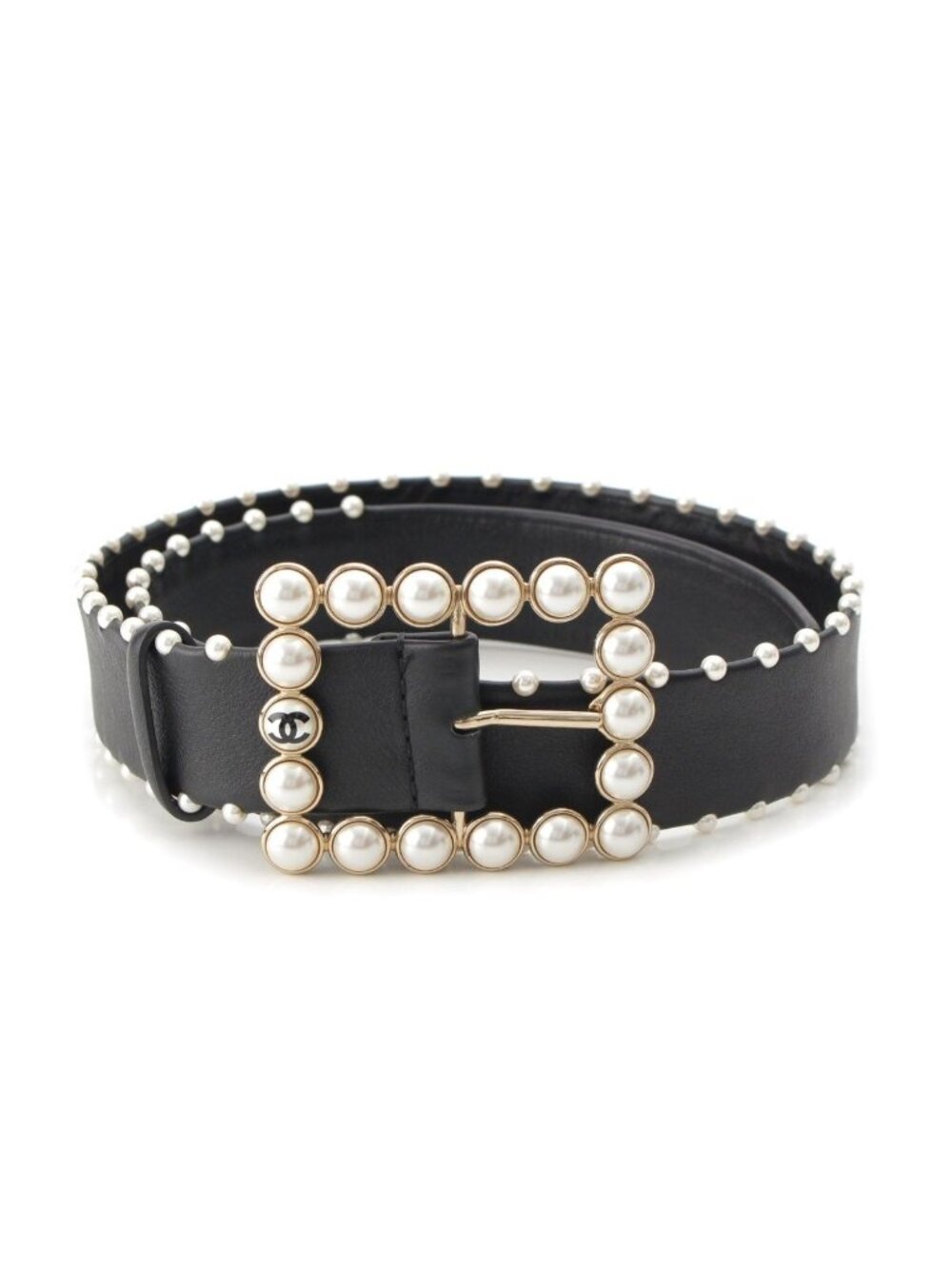 Chanel Leather CC Logo Faux Pearl Belt Black 75/30